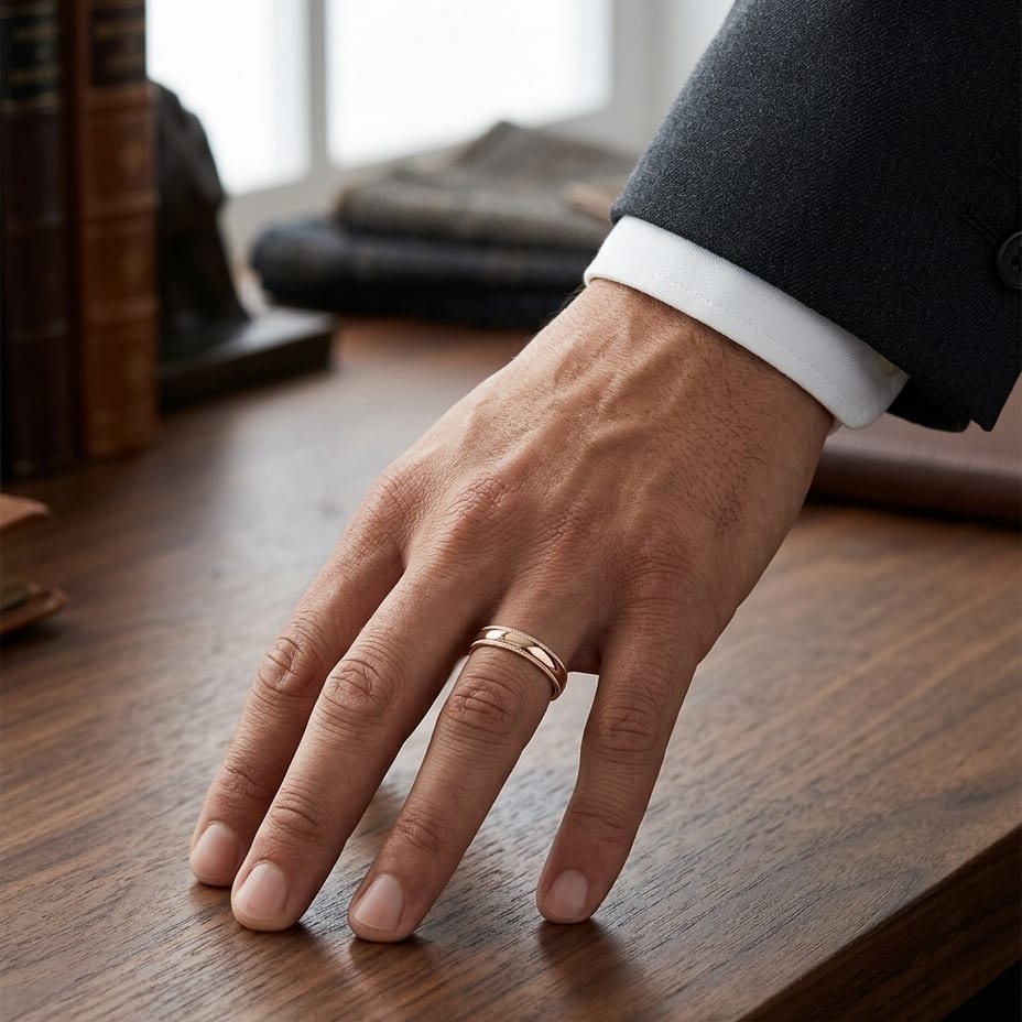 5mm Slightly Domed Double Milgrain Comfort-Fit Wedding Band in 14K Rose Gold, worn on hand, masculine full view