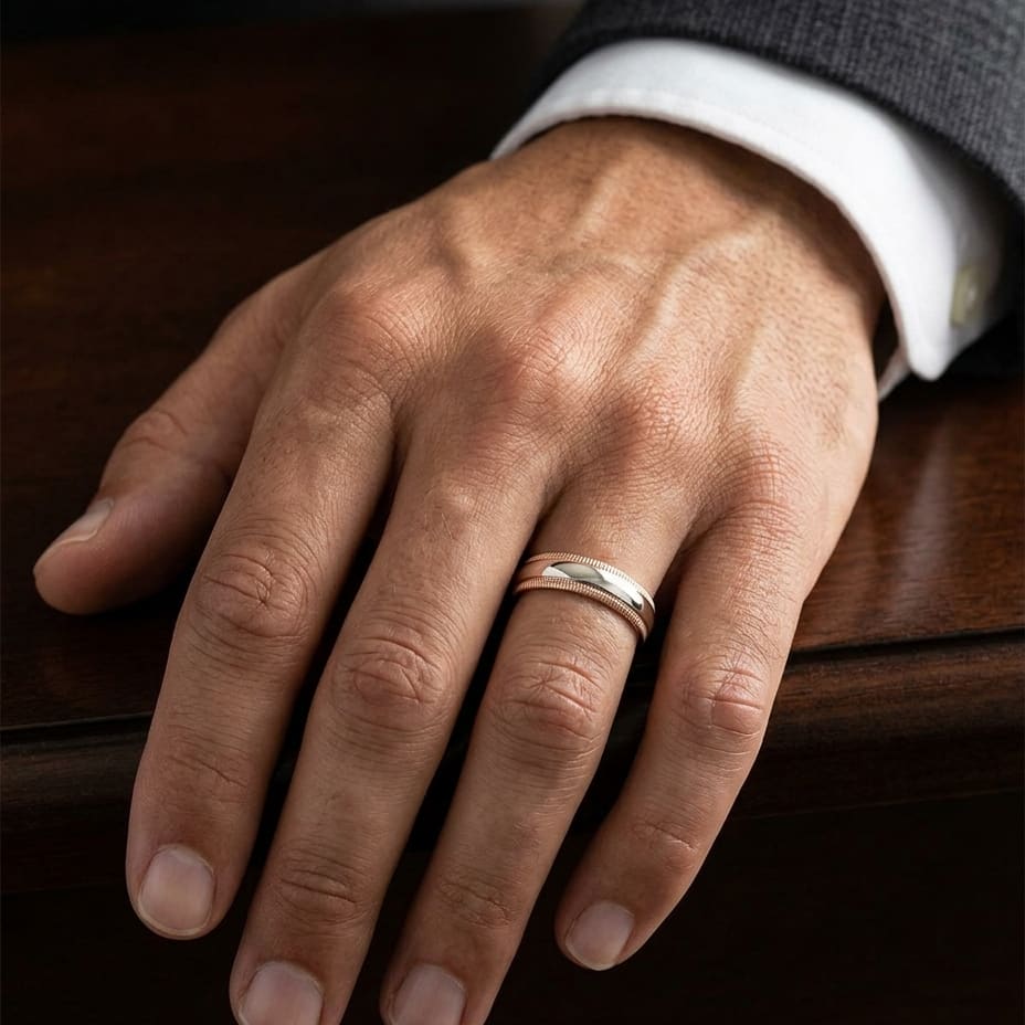 6mm Slightly Domed Double Milgrain Comfort-Fit Wedding Band in 14K Rose Gold, worn on hand, masculine close-up