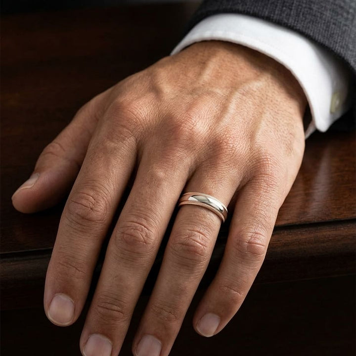 6mm Slightly Domed Double Milgrain Comfort-Fit Wedding Band in 14K Rose Gold, worn on hand, masculine close-up