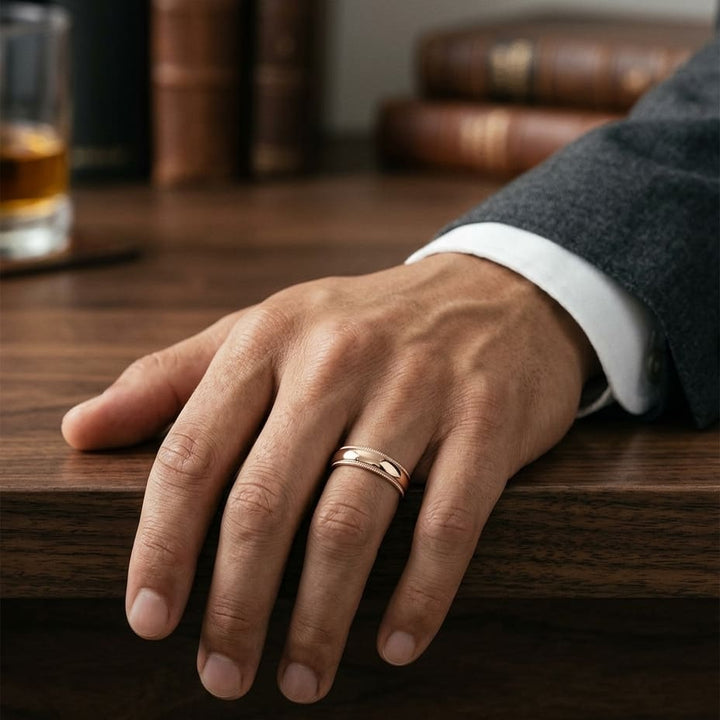 6mm Slightly Domed Double Milgrain Comfort-Fit Wedding Band in 14K Rose Gold, worn on hand, masculine full view