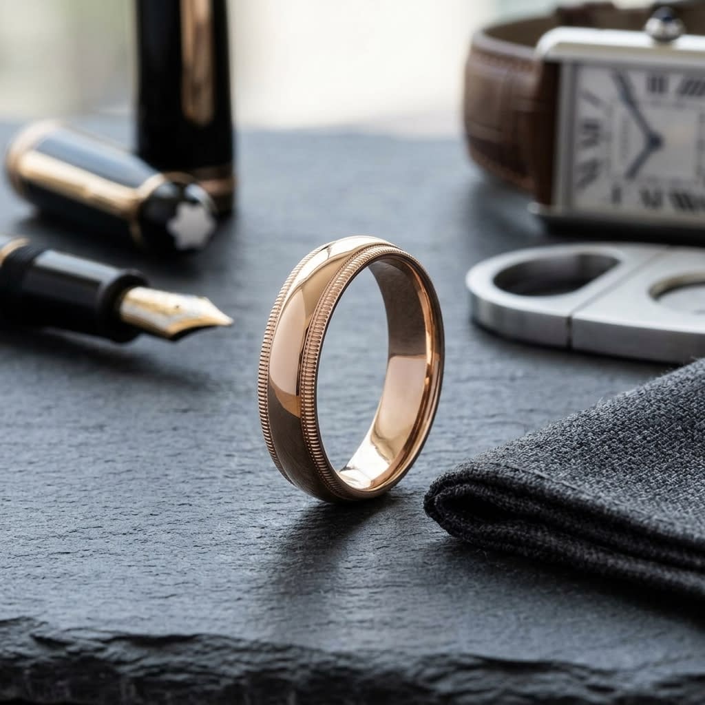 6mm Slightly Domed Double Milgrain Comfort-Fit Wedding Band in 14K Rose Gold, on walnut surface with pocket square