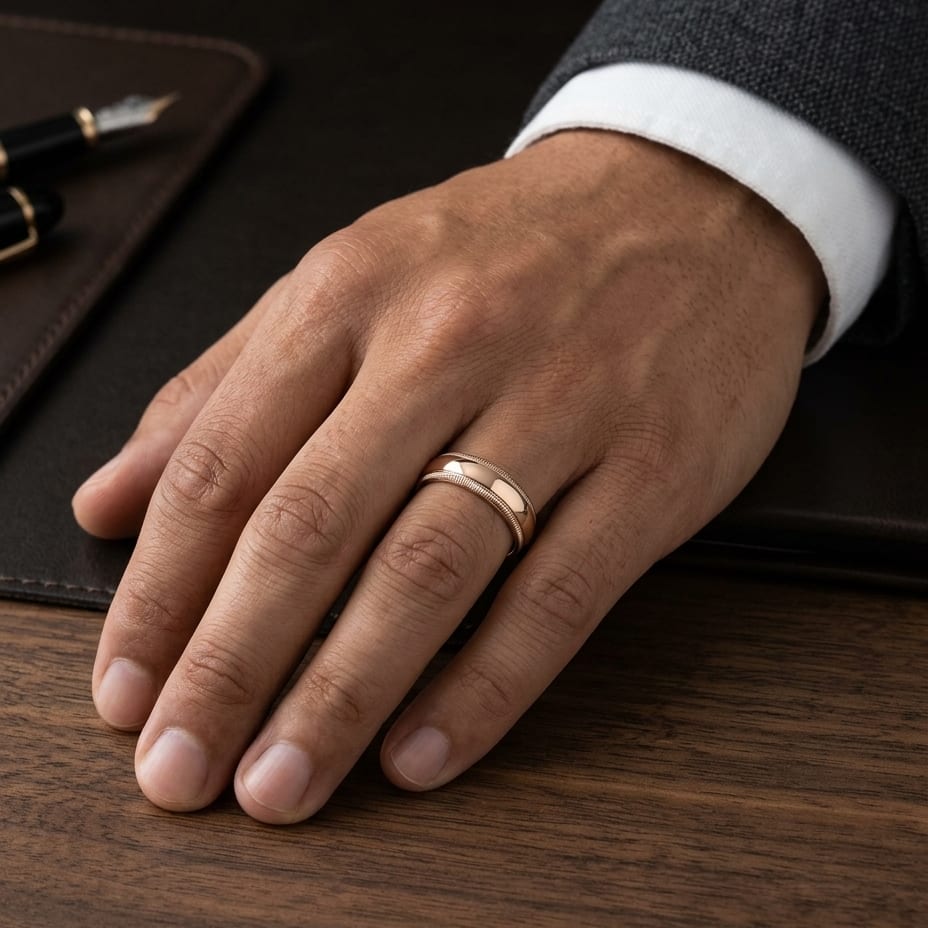 7mm Slightly Domed Double Milgrain Comfort-Fit Wedding Band in 14K Rose Gold, worn on hand, masculine full view