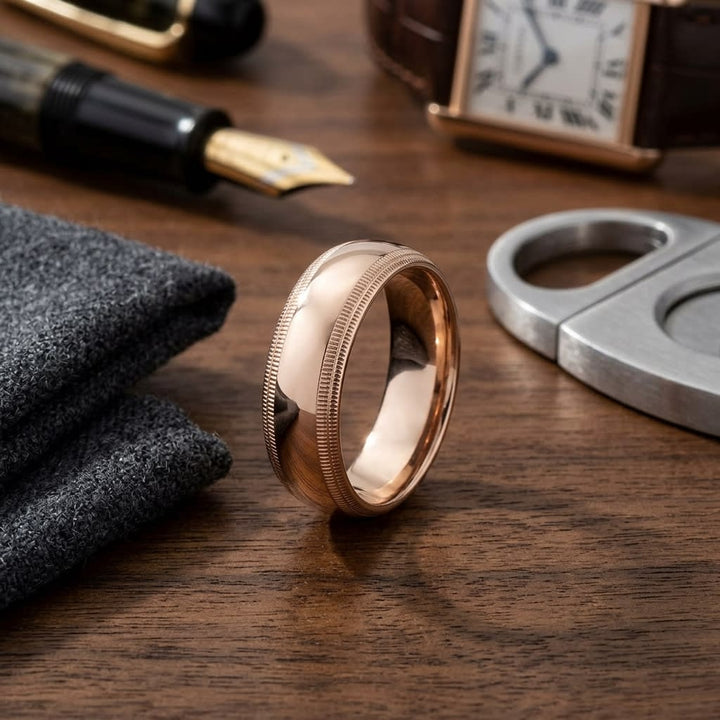 7mm Slightly Domed Double Milgrain Comfort-Fit Wedding Band in 14K Rose Gold, on walnut surface with pocket square