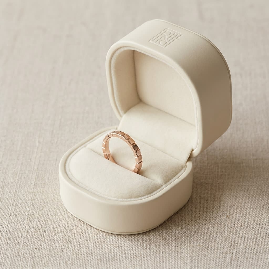 2mm High Polish Carved Wedding Band in 14K Rose Gold, in navy velvet jewelry box