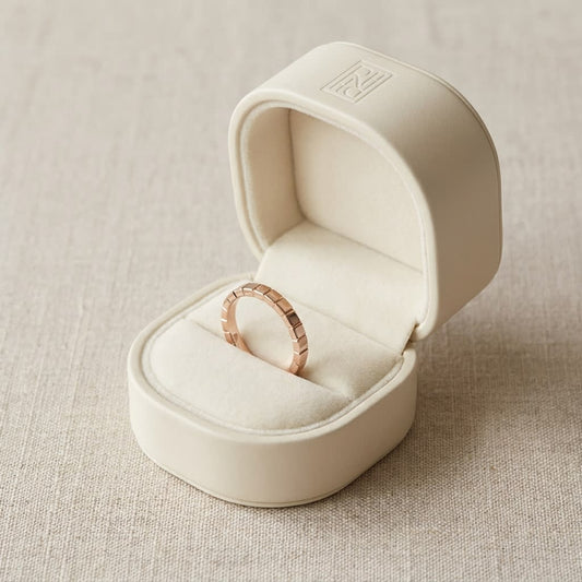 2mm High Polish Carved Wedding Band in 14K Rose Gold, in navy velvet jewelry box