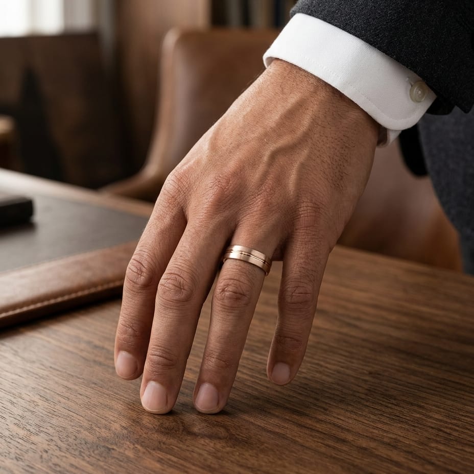 6mm Satin Finish High Polished Center Cut Carved Wedding Band in 14K Rose Gold, worn on hand, masculine full view