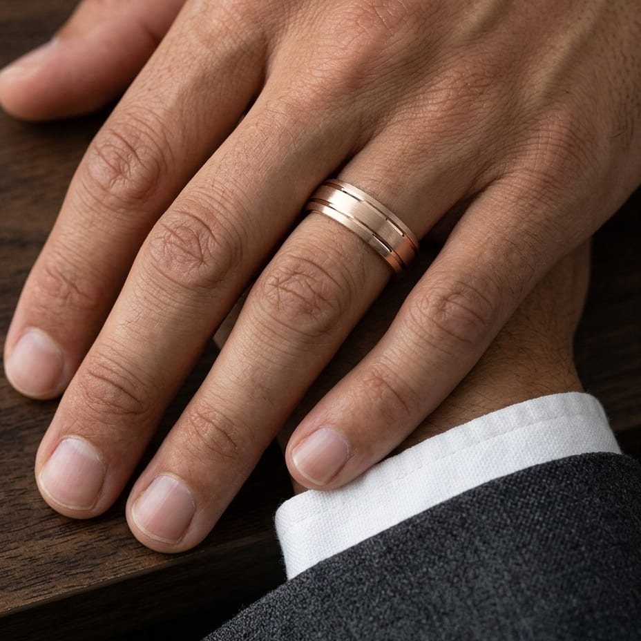 6mm Satin Finish Parallel Groove Carved Wedding Band in 14K Rose Gold, worn on hand, masculine close-up