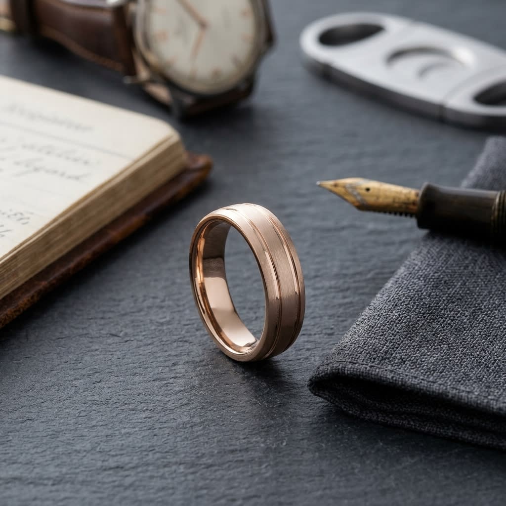 6mm Satin Finish Parallel Groove Carved Wedding Band in 14K Rose Gold, on walnut surface with pocket square