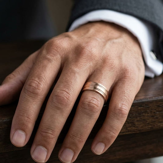 7mm Satin Finish Parallel Groove Carved Wedding Band in 14K Rose Gold, worn on hand, masculine close-up