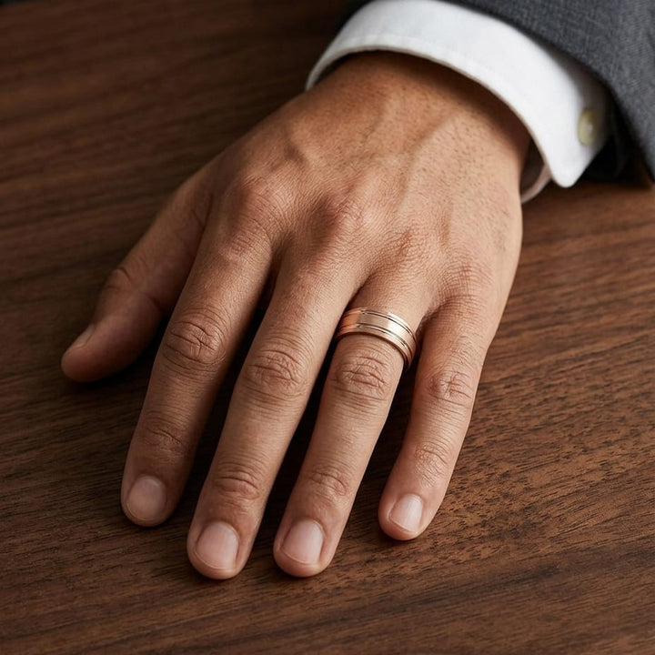 7mm Satin Finish Parallel Groove Carved Wedding Band in 14K Rose Gold, worn on hand, masculine full view