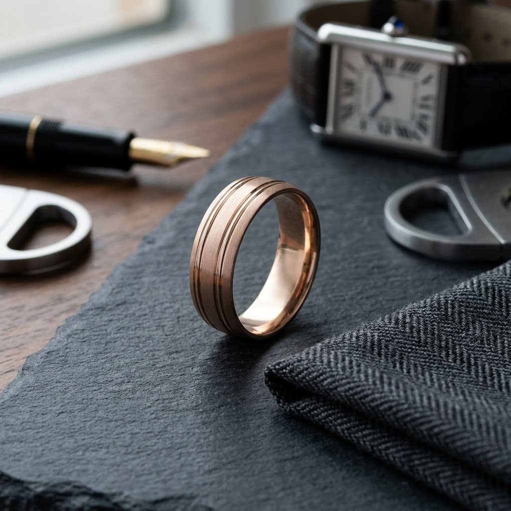 7mm Satin Finish Parallel Groove Carved Wedding Band in 14K Rose Gold, on walnut surface with pocket square