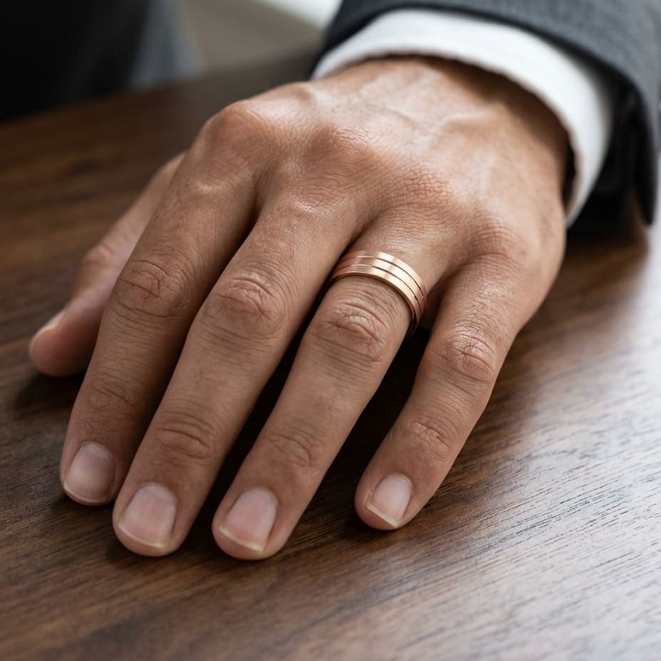 6mm Satin Finish Parallel Center Cut Carved Wedding Band in 14K Rose Gold, worn on hand, masculine close-up