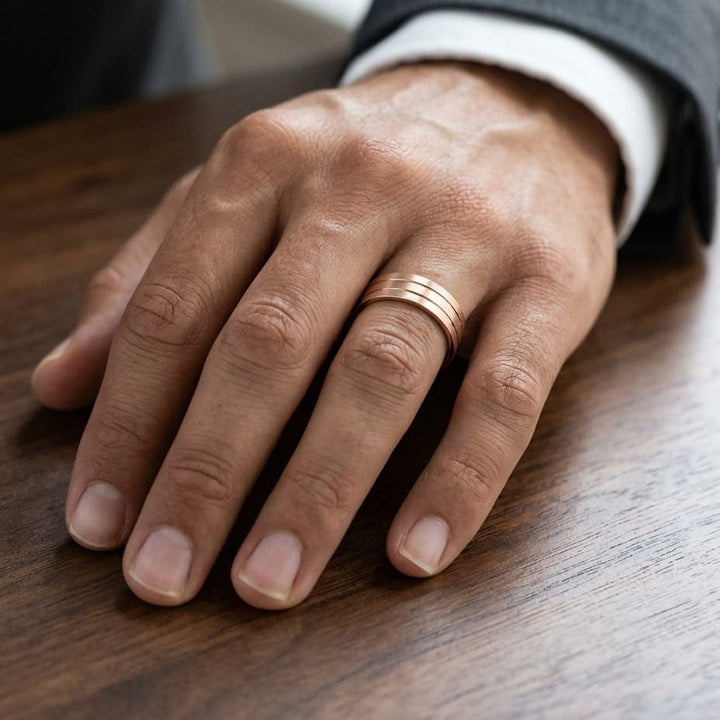 6mm Satin Finish Parallel Center Cut Carved Wedding Band in 14K Rose Gold, worn on hand, masculine close-up