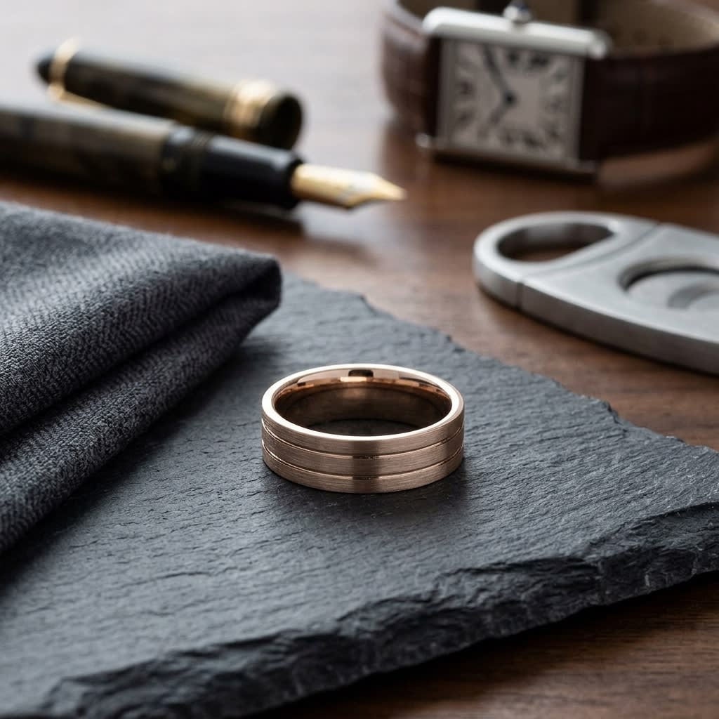 6mm Satin Finish Parallel Center Cut Carved Wedding Band in 14K Rose Gold, on walnut surface with pocket square