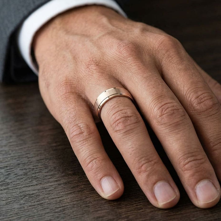 6mm Satin Finish High Polished Beveled Edge Carved Wedding Band in 14K Rose Gold, worn on hand, masculine close-up