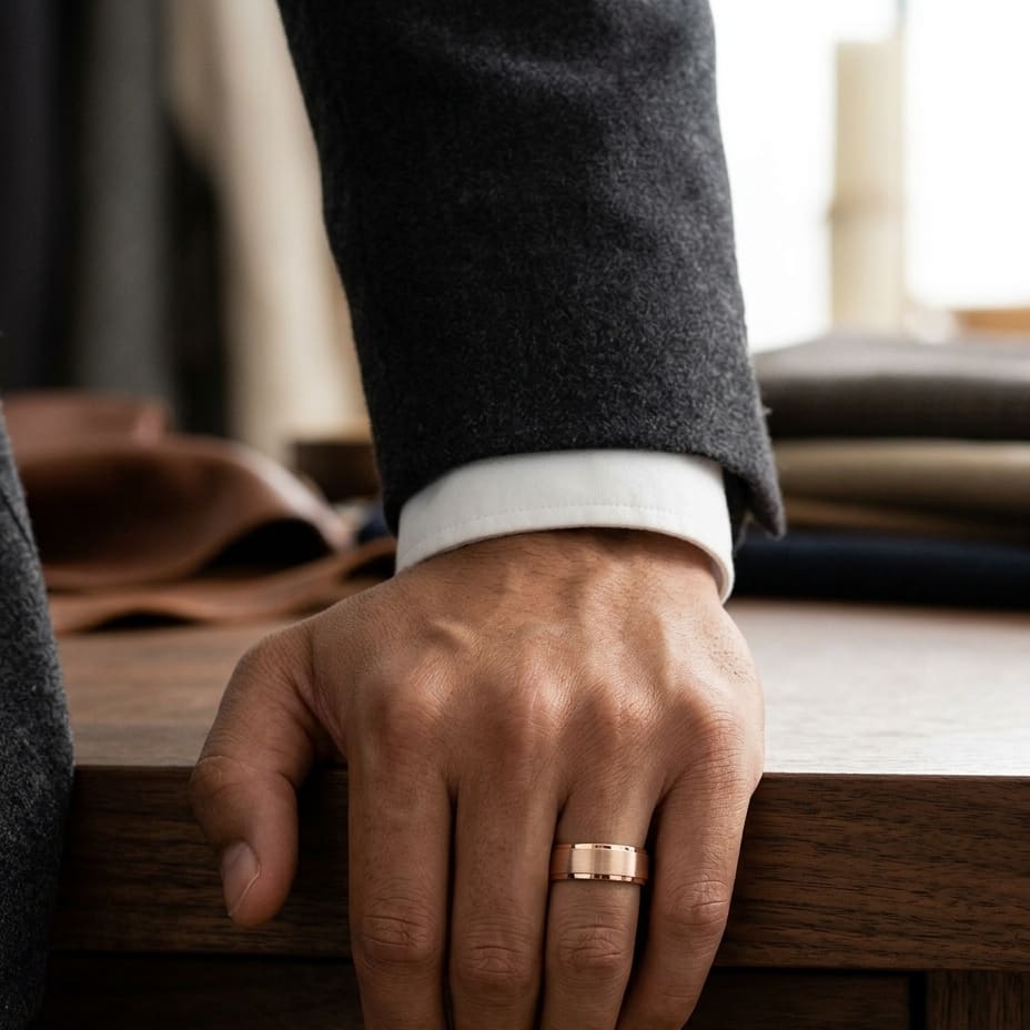 6mm Satin Finish High Polished Beveled Edge Carved Wedding Band in 14K Rose Gold, worn on hand, masculine full view