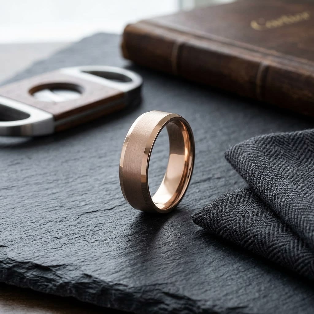 6mm Satin Finish High Polished Beveled Edge Carved Wedding Band in 14K Rose Gold, on walnut surface with pocket square