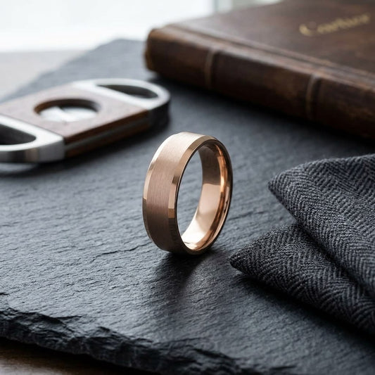 6mm Satin Finish High Polished Beveled Edge Carved Wedding Band in 14K Rose Gold, on walnut surface with pocket square