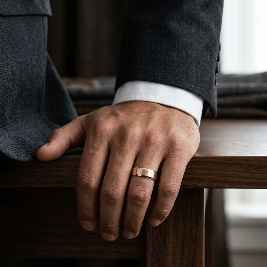7mm Satin Finish High Polished Beveled Edge Carved Wedding Band in 14K Rose Gold, worn on hand, masculine full view