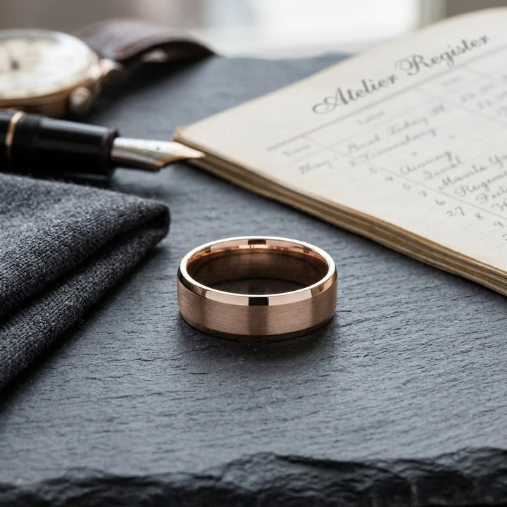 7mm Satin Finish High Polished Beveled Edge Carved Wedding Band in 14K Rose Gold, on walnut surface with pocket square