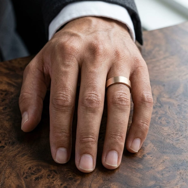 6mm Satin Finish Carved Wedding Band in 14K Rose Gold, worn on hand, masculine close-up