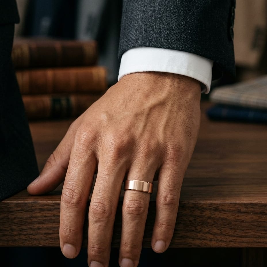 6mm Satin Finish Carved Wedding Band in 14K Rose Gold, worn on hand, masculine full view