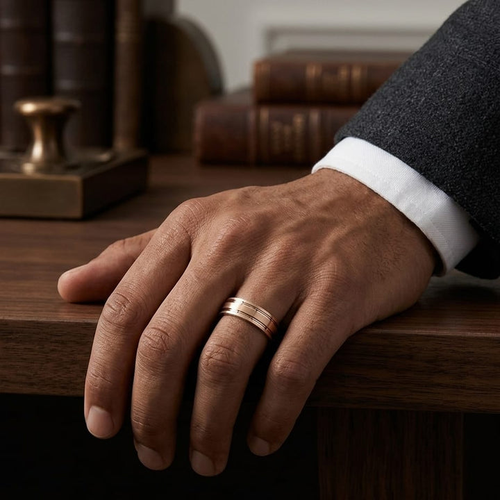 6mm Satin Finish Parallel Groove Carved Wedding Band in 14K Rose Gold, worn on hand, masculine full view