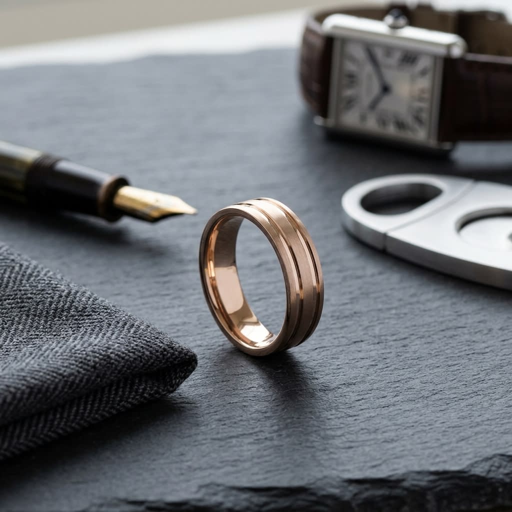 6mm Satin Finish Parallel Groove Carved Wedding Band in 14K Rose Gold, on walnut surface with pocket square