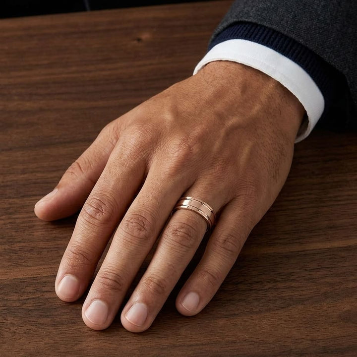 8mm Satin Finish Parallel Groove Carved Wedding Band in 14K Rose Gold, worn on hand, masculine full view