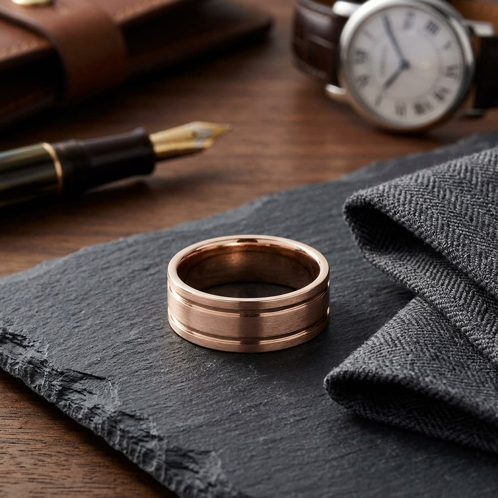 8mm Satin Finish Parallel Groove Carved Wedding Band in 14K Rose Gold, on walnut surface with pocket square