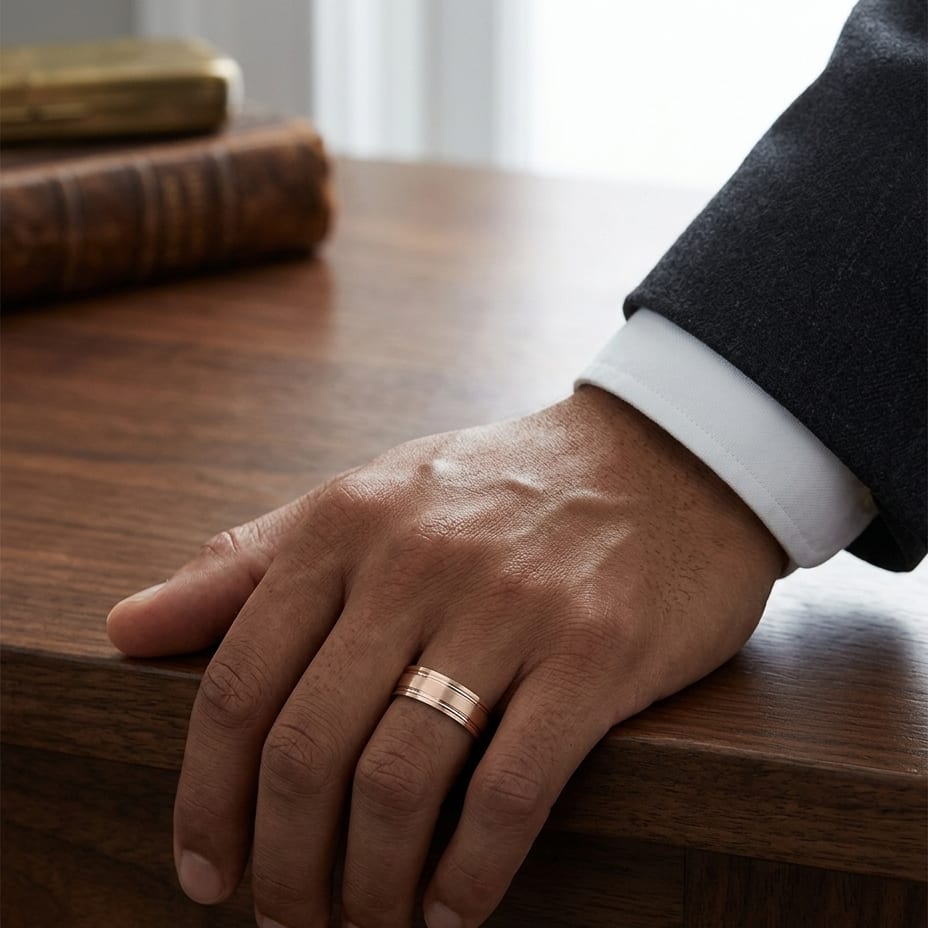 7mm Satin Finish Parallel Groove Carved Wedding Band in 14K Rose Gold, worn on hand, masculine full view