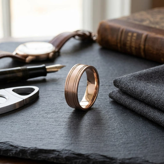 7mm Satin Finish Parallel Groove Carved Wedding Band in 14K Rose Gold, on walnut surface with pocket square