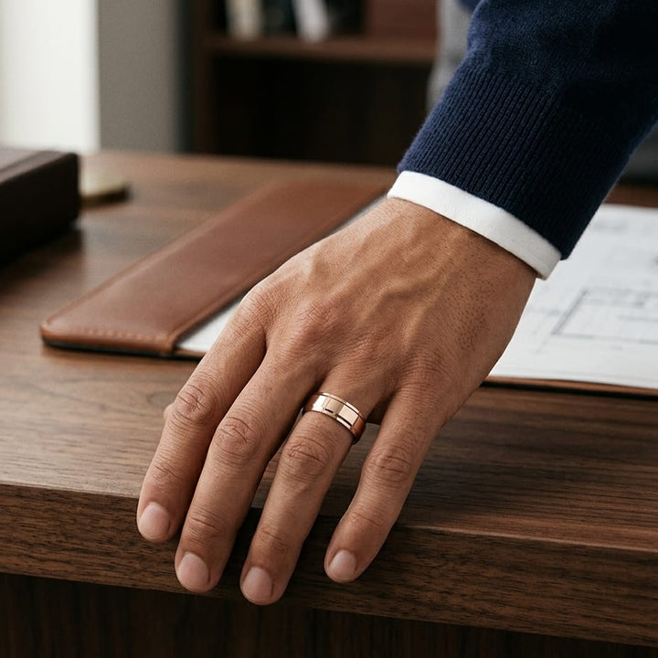 6mm High Polish Carved Wedding Band in 14K Rose Gold, worn on hand, masculine full view