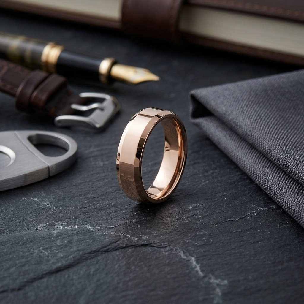 6mm High Polish Carved Wedding Band in 14K Rose Gold, on walnut surface with pocket square