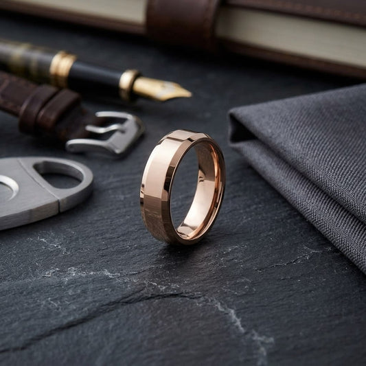 6mm High Polish Carved Wedding Band in 14K Rose Gold, on walnut surface with pocket square