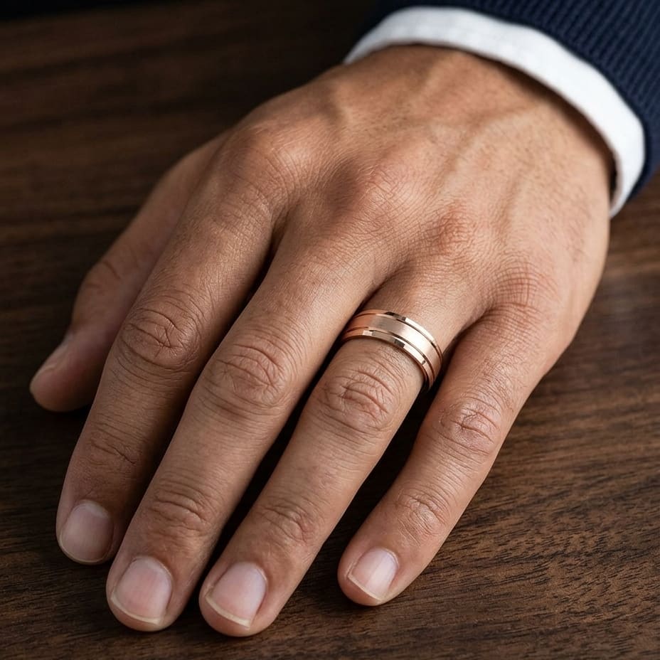 6mm Satin Finish High Polished Beveled Edge Carved Wedding Band in 14K Rose Gold, worn on hand, masculine close-up
