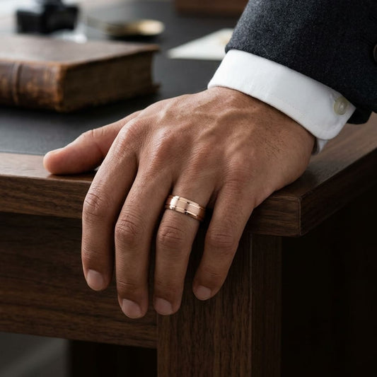 6mm Satin Finish High Polished Beveled Edge Carved Wedding Band in 14K Rose Gold, worn on hand, masculine full view