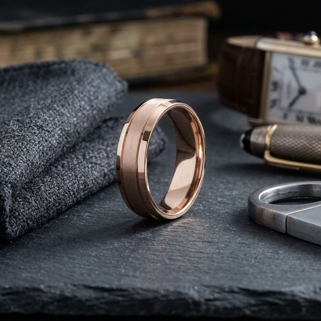 6mm Satin Finish High Polished Beveled Edge Carved Wedding Band in 14K Rose Gold, on walnut surface with pocket square