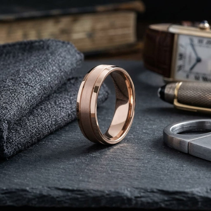 6mm Satin Finish High Polished Beveled Edge Carved Wedding Band in 14K Rose Gold, on walnut surface with pocket square