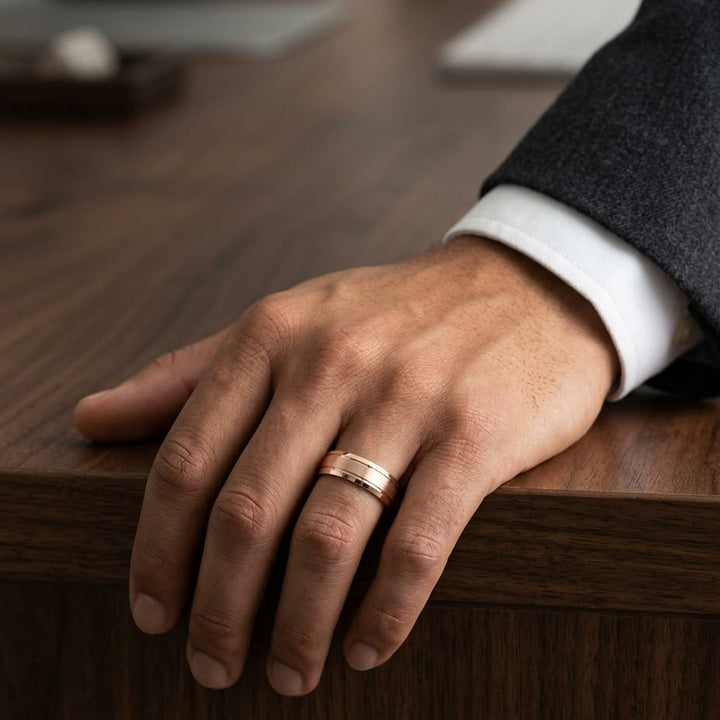 7mm Satin Finish High Polished Beveled Edge Carved Wedding Band in 14K Rose Gold, worn on hand, masculine full view