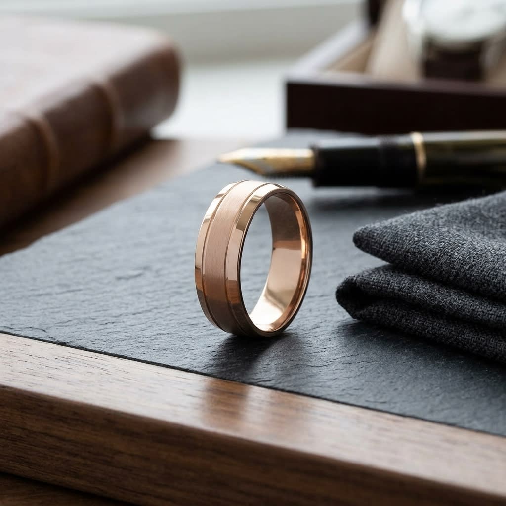 7mm Satin Finish High Polished Beveled Edge Carved Wedding Band in 14K Rose Gold, on walnut surface with pocket square