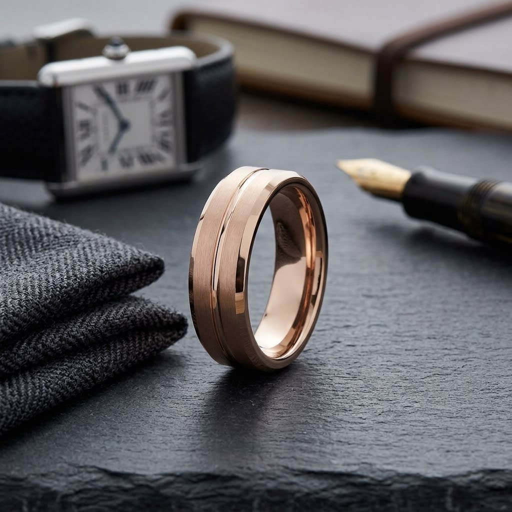 6mm Satin Finish Carved Wedding Band in 14K Rose Gold, on walnut surface with pocket square