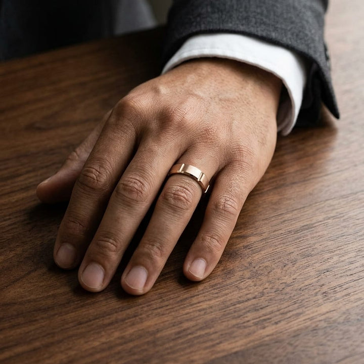 6mm Satin Finish Grooves Carved Wedding Band in 14K Rose Gold, worn on hand, masculine full view