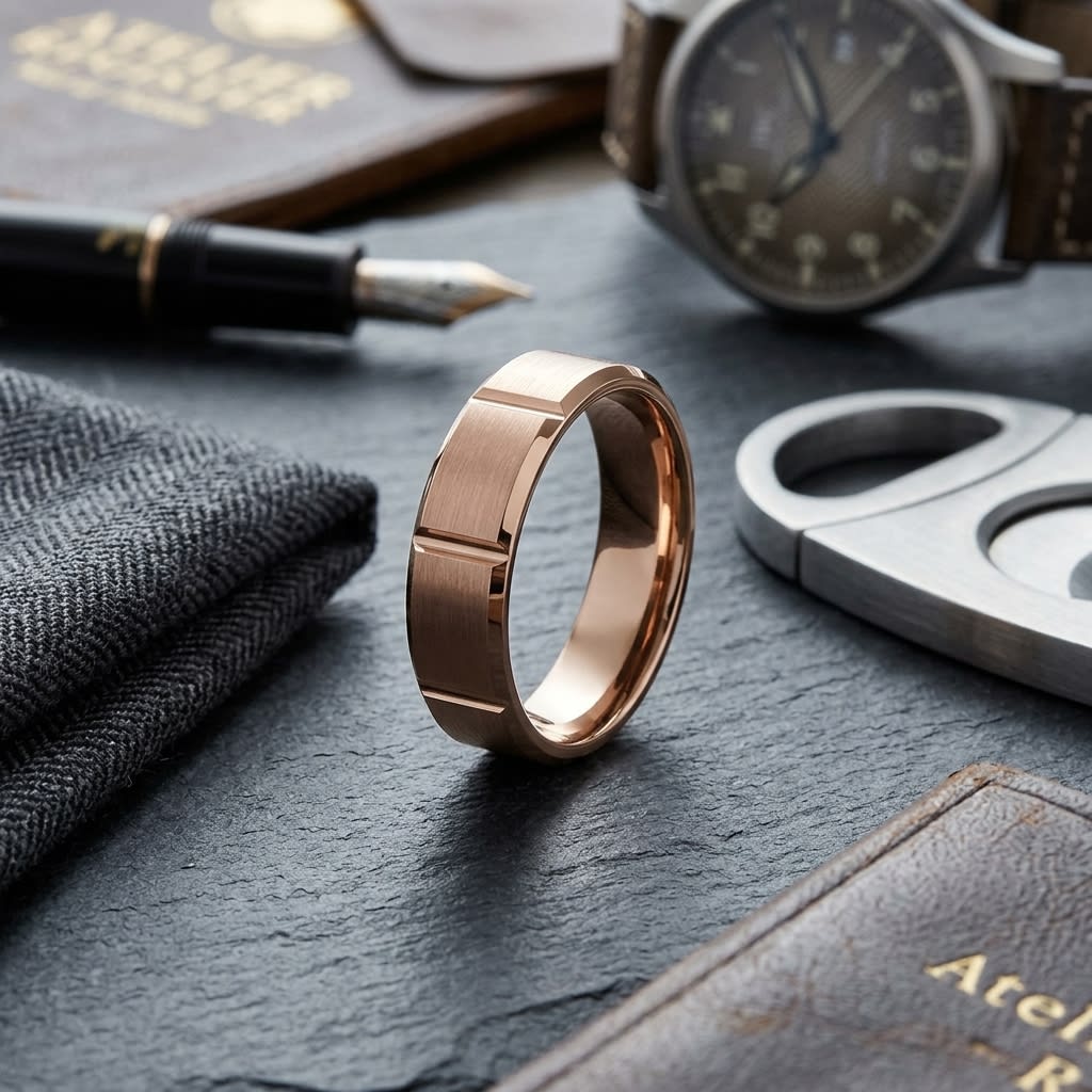 6mm Satin Finish Grooves Carved Wedding Band in 14K Rose Gold, on walnut surface with pocket square