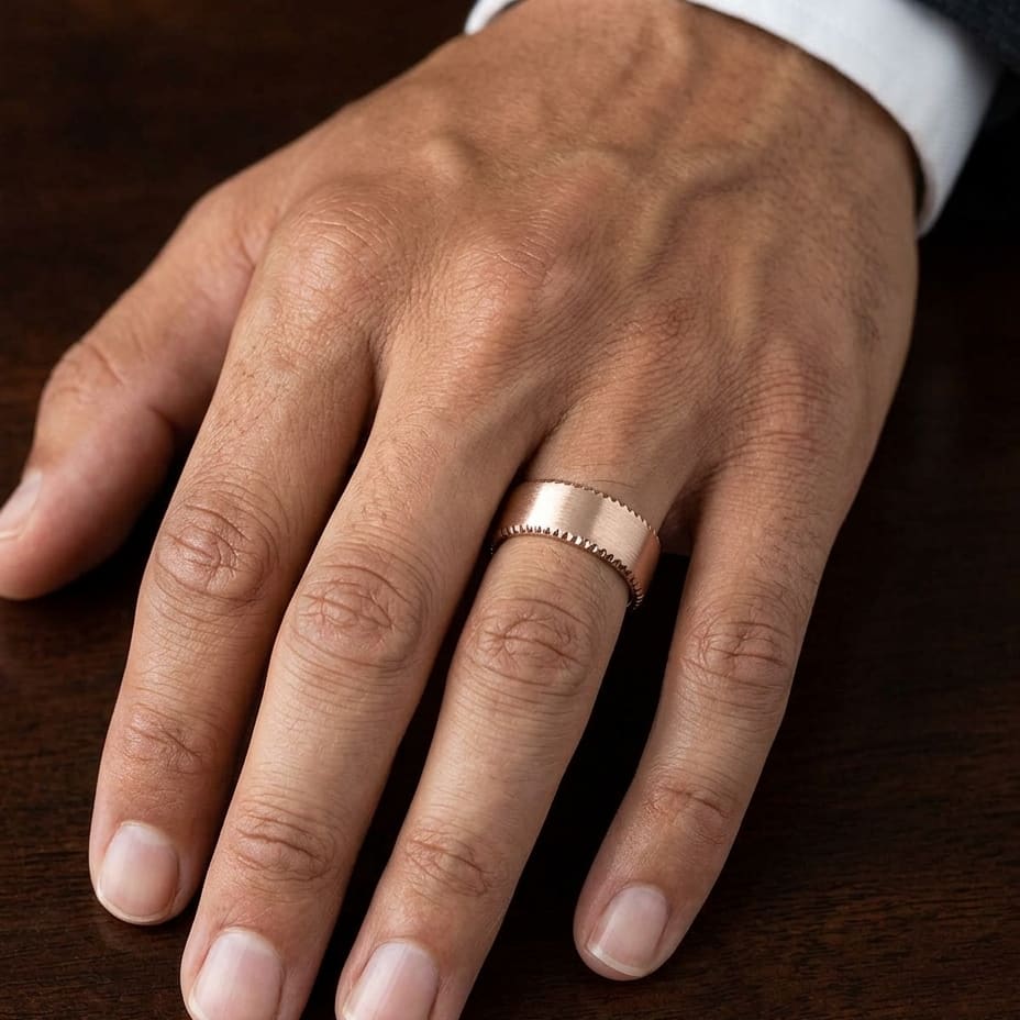 7.5mm Satin Finish Carved Wedding Band in 14K Rose Gold, worn on hand, masculine close-up