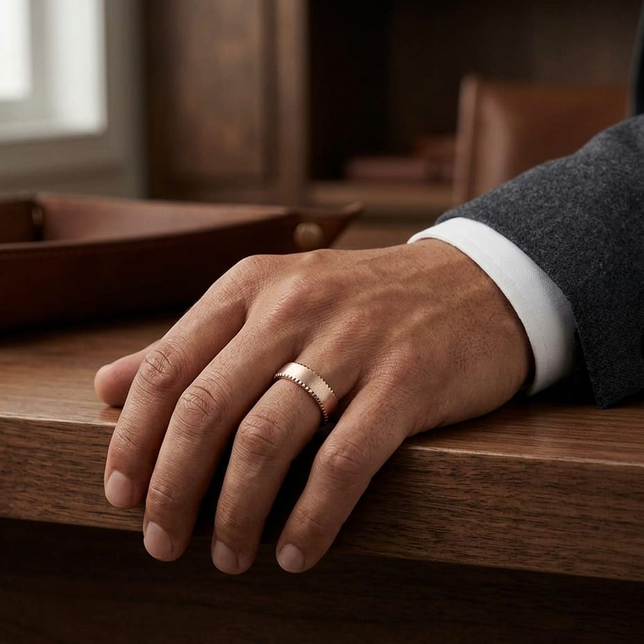 7.5mm Satin Finish Carved Wedding Band in 14K Rose Gold, worn on hand, masculine full view