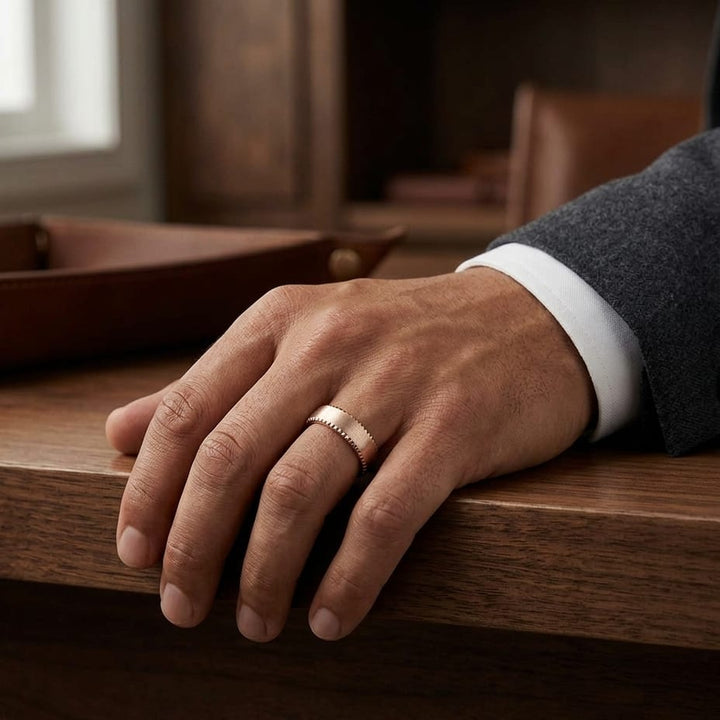 7.5mm Satin Finish Carved Wedding Band in 14K Rose Gold, worn on hand, masculine full view
