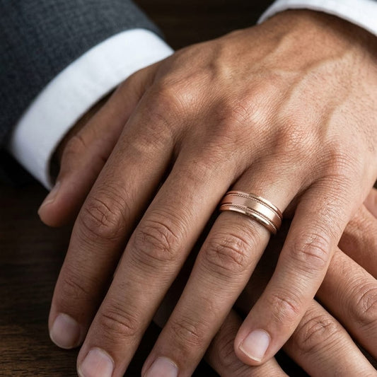 7.5mm Satin Finish Rope Carved Wedding Band in 14K Rose Gold, worn on hand, masculine close-up