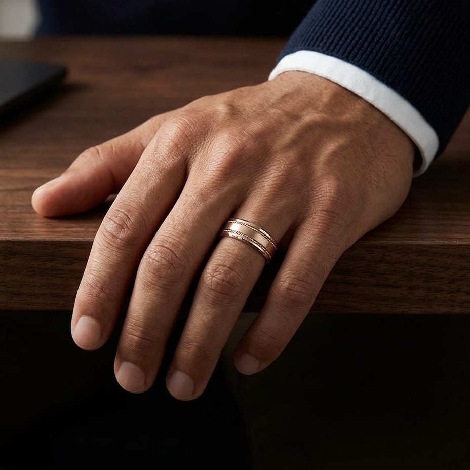 7.5mm Satin Finish Rope Carved Wedding Band in 14K Rose Gold, worn on hand, masculine full view
