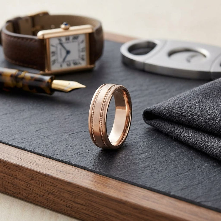 7.5mm Satin Finish Rope Carved Wedding Band in 14K Rose Gold, on walnut surface with pocket square
